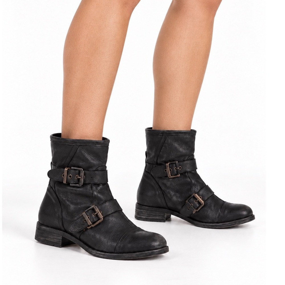 Idigio Vintage Y2K Black Leather Grunge Moto Combat Ankle Boots Women's Size 7.5